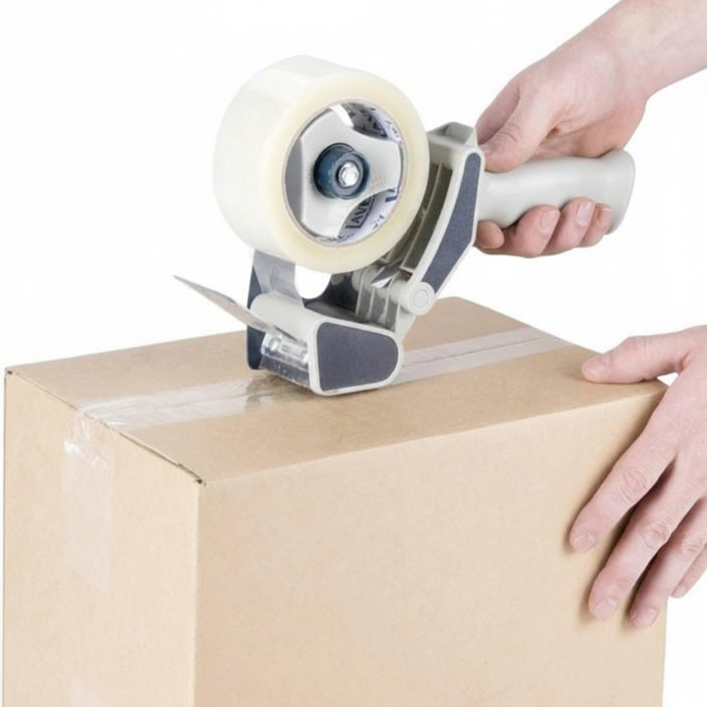Tape Dispenser Gun Applying Clear Packing Tape on Shipping Box