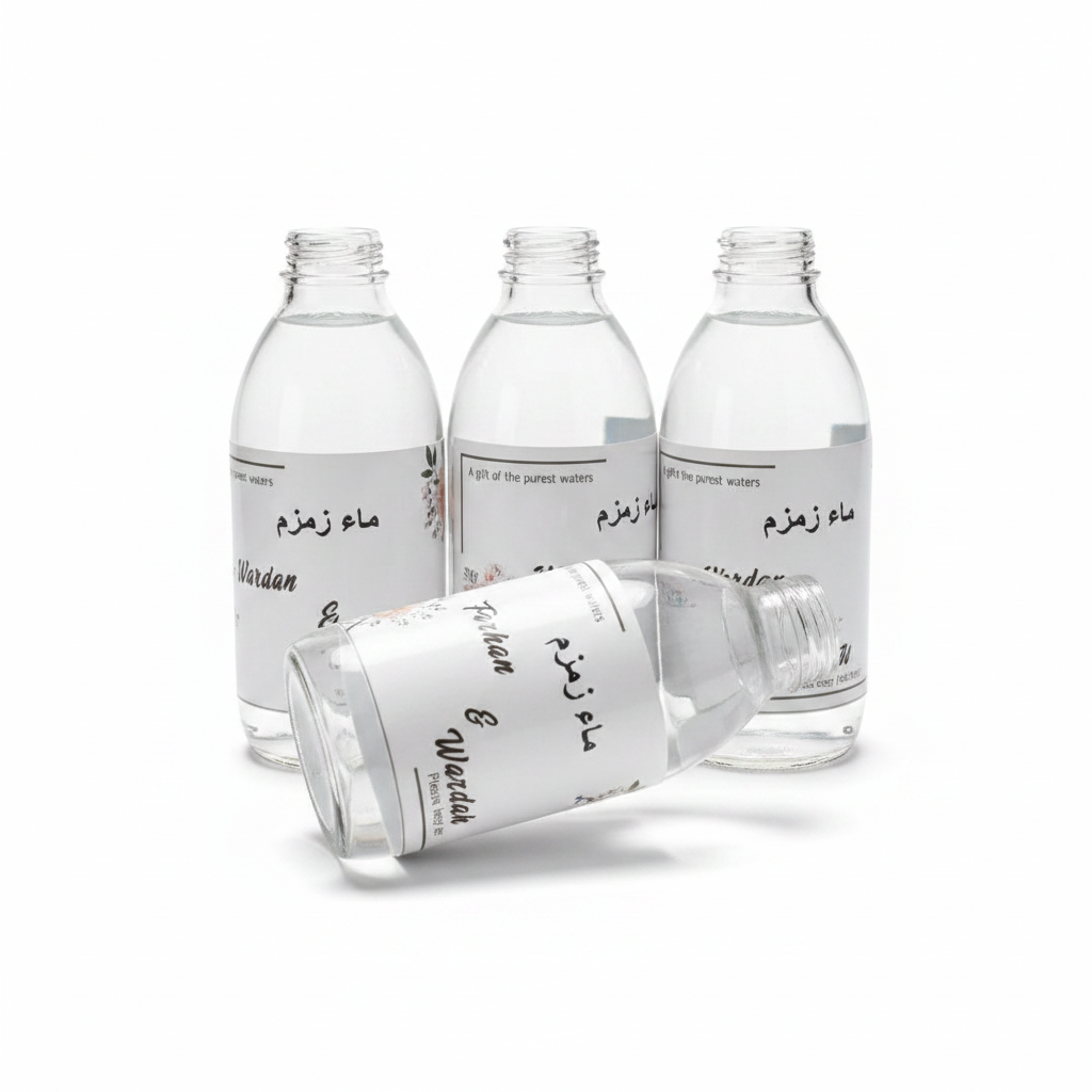 Aab-e-Zam Zam Empty Water Bottles 120ml with Custom Stickers & Zip Lock Bags – Pack of 25