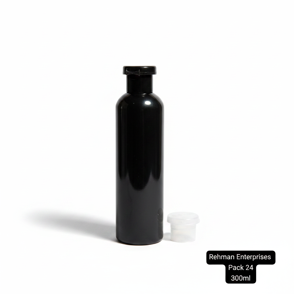 300ml Black Plastic Press Cap Bottle – Pack of 24 | Empty Refillable Bottles for Hair Oil, Shampoo & Cosmetics
