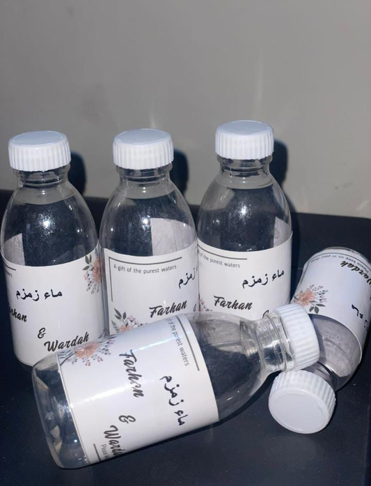 Aab-e-Zam Zam Empty Water Bottles 120ml with Custom Stickers & Zip Lock Bags – Pack of 25