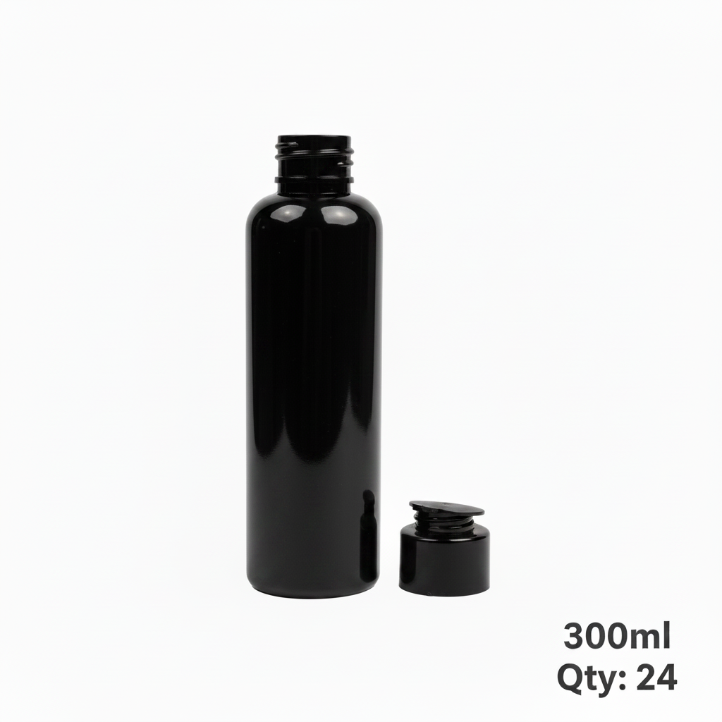 300ml Black Plastic Press Cap Bottle – Pack of 24 | Empty Refillable Bottles for Hair Oil, Shampoo & Cosmetics