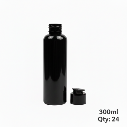 300ml Black Plastic Press Cap Bottle – Pack of 24 | Empty Refillable Bottles for Hair Oil, Shampoo & Cosmetics