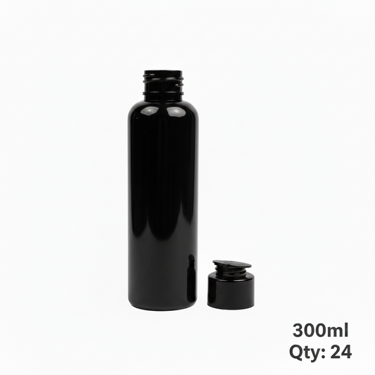 300ml Black Plastic Press Cap Bottle – Pack of 24 | Empty Refillable Bottles for Hair Oil, Shampoo & Cosmetics