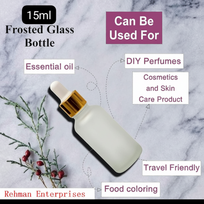 15ml Frosted Glass Dropper Bottle – Pack of 10 | Empty Refillable Serum, Essential Oil & Perfume Bottles with Gold Cap