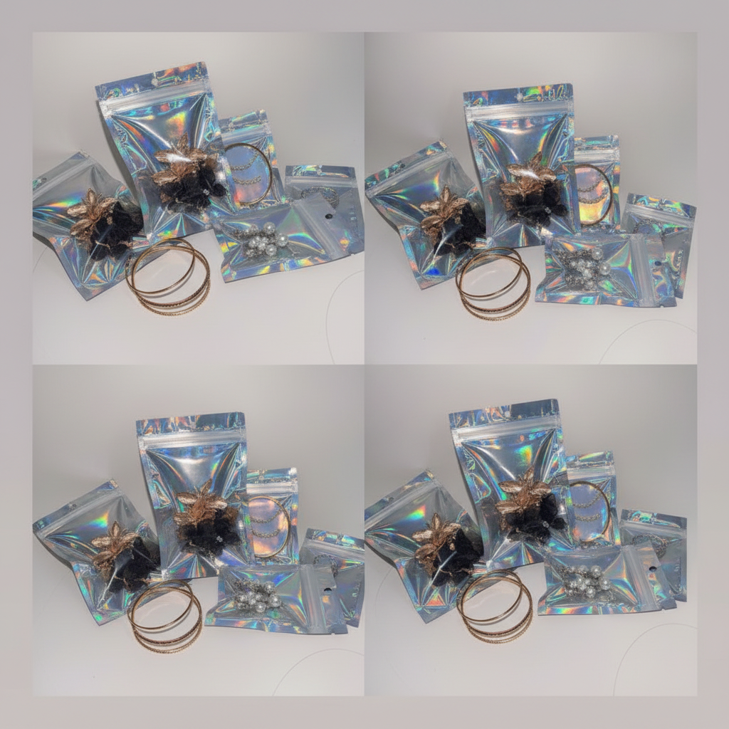 Holographic Ziplock Bag with Clear Front Window – Reusable Sealed Bags for Jewelry, Cosmetics & Accessories