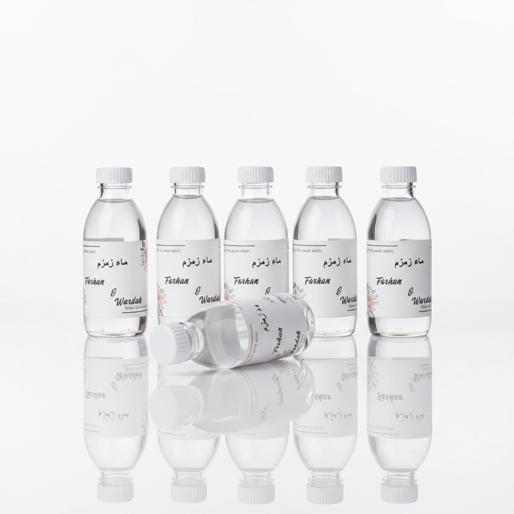 120ml Zam Zam Water Bottle Gift Bundle – Pack of 25 | With Customized Stickers & 5x7" Ziplock Bags | Hajj & Umrah Gift Set
