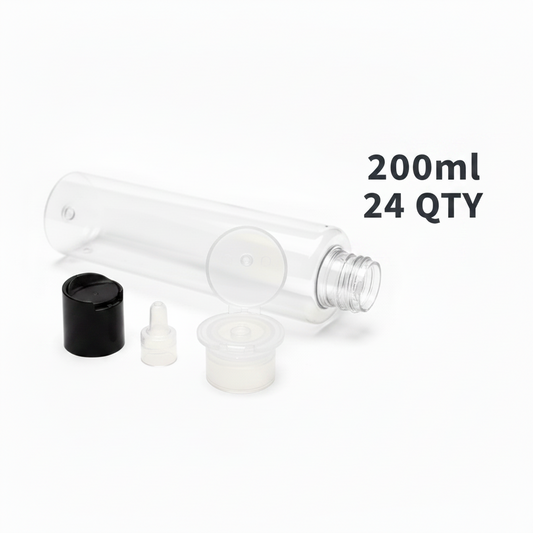 200ml Clear Plastic Flip Cap Bottle – Pack of 24 | Empty Refillable Bottles for Hair Oil, Lotion & Cosmetics