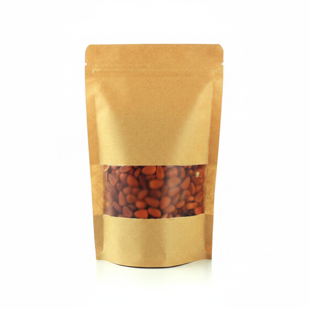 Brown Kraft Paper Zip Lock Stand Up Pouch with Window – Food Grade Packaging for Dry Foods, Snacks & Spices