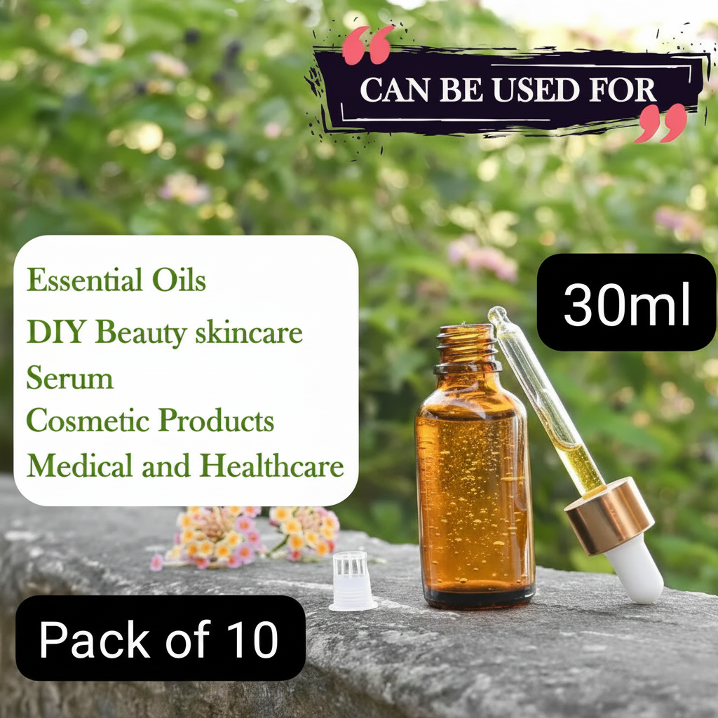 30ml Amber Glass Dropper Bottle – Pack of 10 | Empty Refillable Bottles for Essential Oil, Serum & Cosmetics
