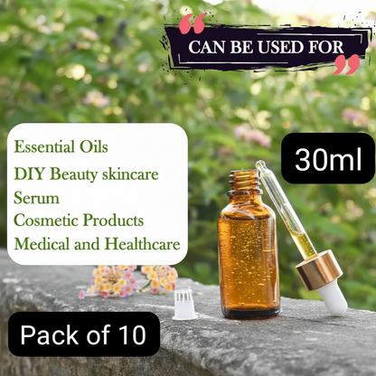 30ml Amber Glass Dropper Bottle – Pack of 10 | Empty Refillable Bottles for Essential Oil, Serum & Cosmetics