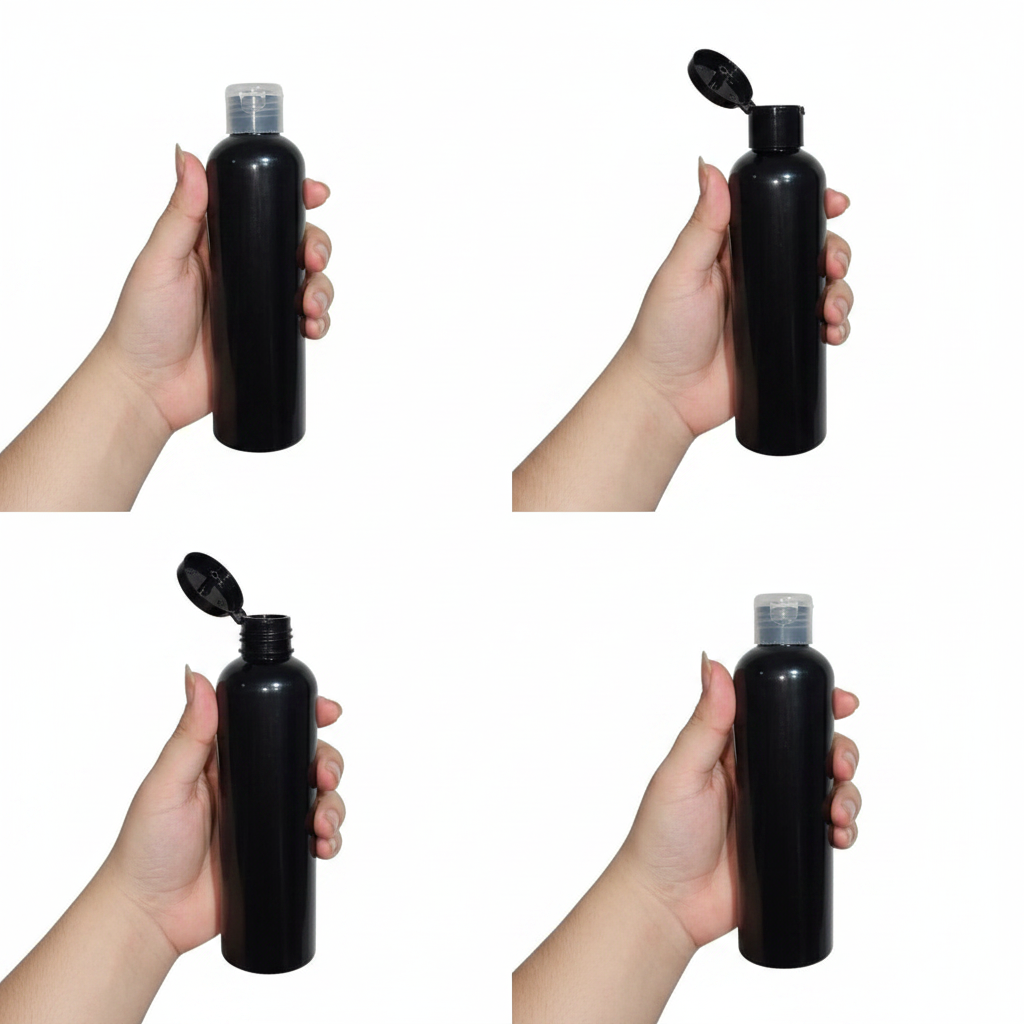 200ml Black Plastic Flip Cap Bottle – Pack of 24 | Premium Empty Bottles for Hair Oil, Serum & Shampoo