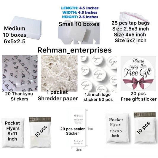 Complete Premium Packaging Kit – Deal 10 | Boxes, Bags, Stickers, Shredder Paper & Flyers for Small Businesses