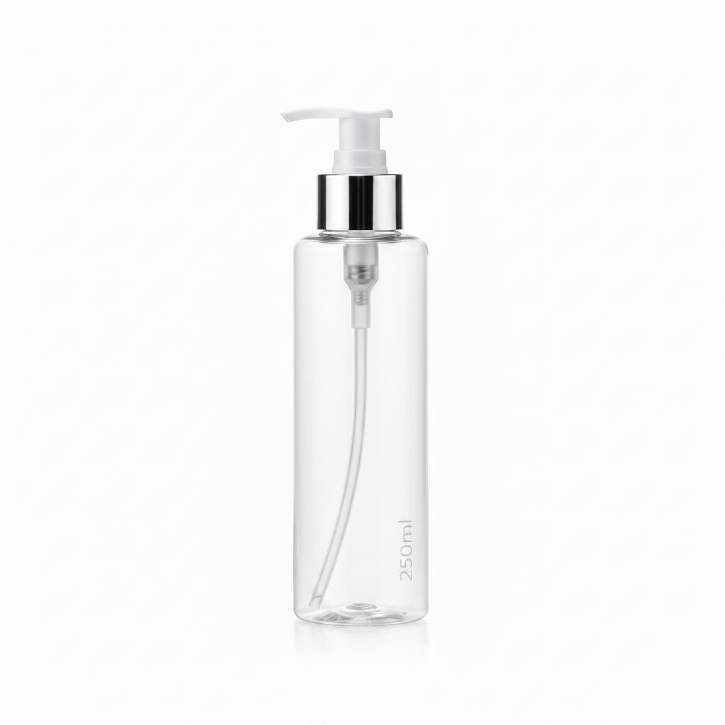 250ml Clear Plastic Pump Bottle with Silver Ring – Pack of 24 | Empty Refillable Bottles for Shampoo, Lotion & Cosmetics