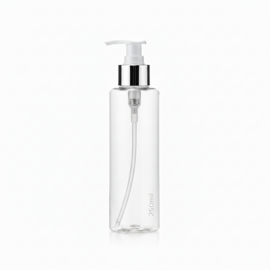 250ml Clear Plastic Pump Bottle with Silver Ring – Pack of 24 | Empty Refillable Bottles for Shampoo, Lotion & Cosmetics