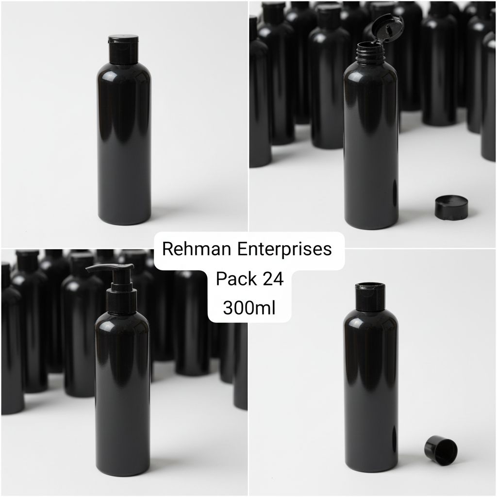 300ml Black Plastic Press Cap Bottle – Pack of 24 | Empty Refillable Bottles for Hair Oil, Shampoo & Cosmetics