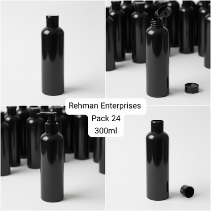 300ml Black Plastic Press Cap Bottle – Pack of 24 | Empty Refillable Bottles for Hair Oil, Shampoo & Cosmetics