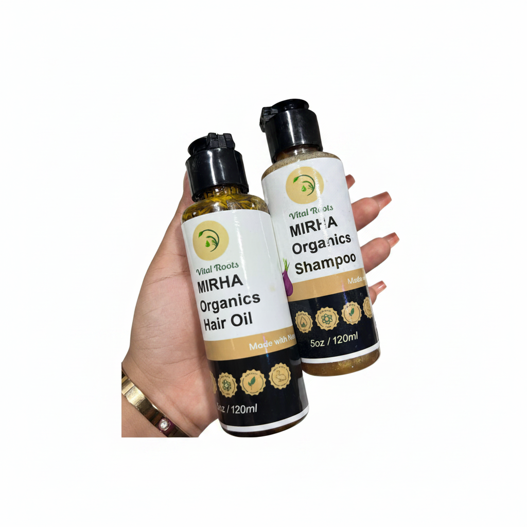 Custom Premium Labels on 120ml Hair Oil and Shampoo Bottles – Vital Roots MIRHA Organics