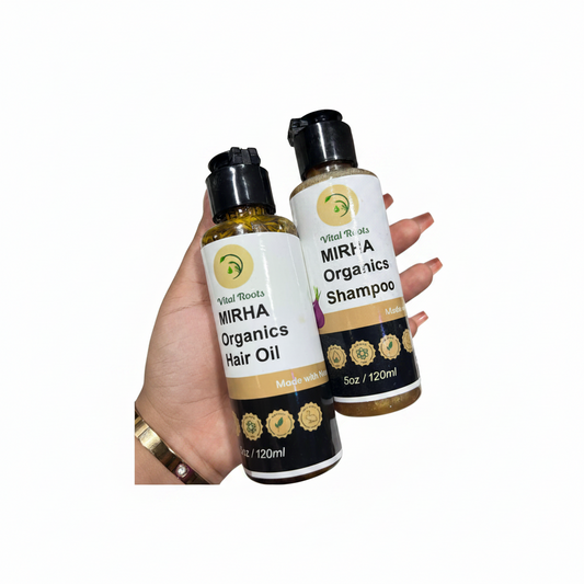Custom Premium Labels on 120ml Hair Oil and Shampoo Bottles – Vital Roots MIRHA Organics