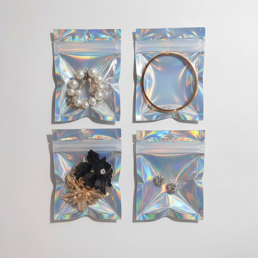 Holographic Ziplock Bag with Clear Front Window – Reusable Sealed Bags for Jewelry, Cosmetics & Accessories