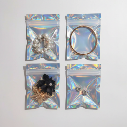 Holographic Ziplock Bag with Clear Front Window – Reusable Sealed Bags for Jewelry, Cosmetics & Accessories