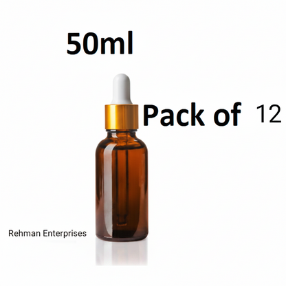 50ml Amber Glass Dropper Bottle – Pack of 12 | Empty Refillable Bottles for Essential Oil, Serum & Cosmetics