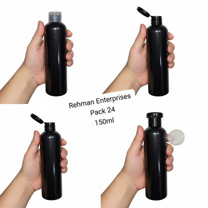150ml Black Plastic Flip Cap Bottle – Pack of 24 | Premium Empty Bottles for Hair Oil, Serum & Shampoo