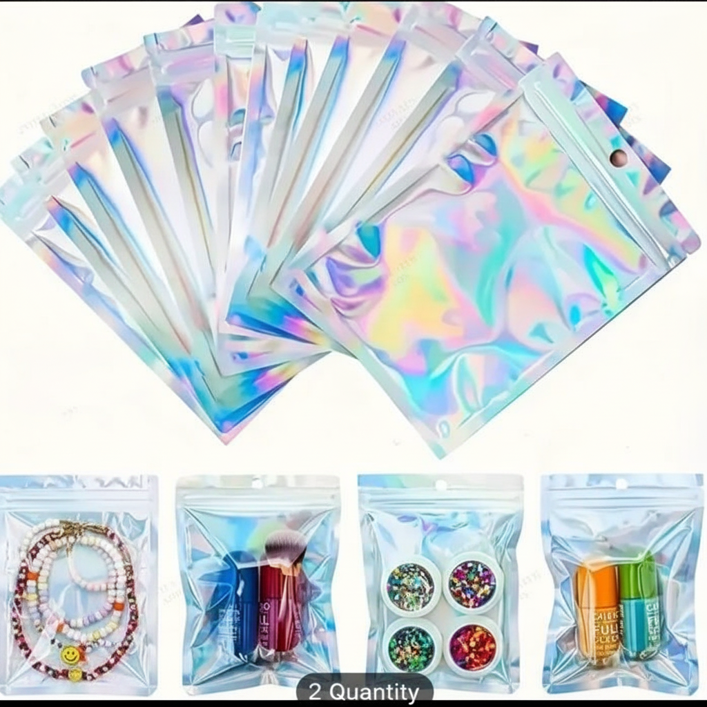 Holographic Ziplock Bag with Clear Front Window – Reusable Sealed Bags for Jewelry, Cosmetics & Accessories