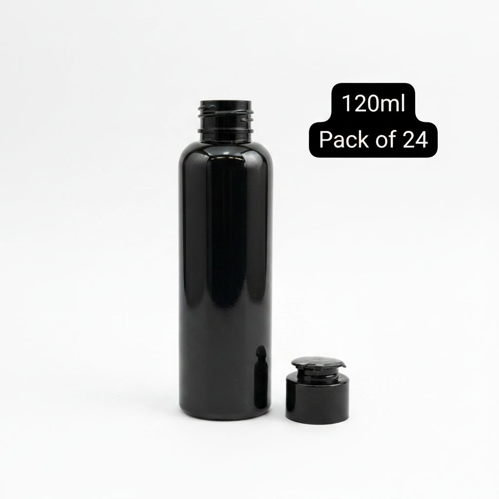 120ml Black Plastic Flip Cap Bottle – Pack of 24 | Empty Refillable Bottles for Face Wash, Hair Oil, Shampoo & Cosmetics