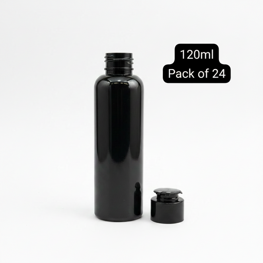 120ml Black Plastic Flip Cap Bottle – Pack of 24 | Empty Refillable Bottles for Face Wash, Hair Oil, Shampoo & Cosmetics