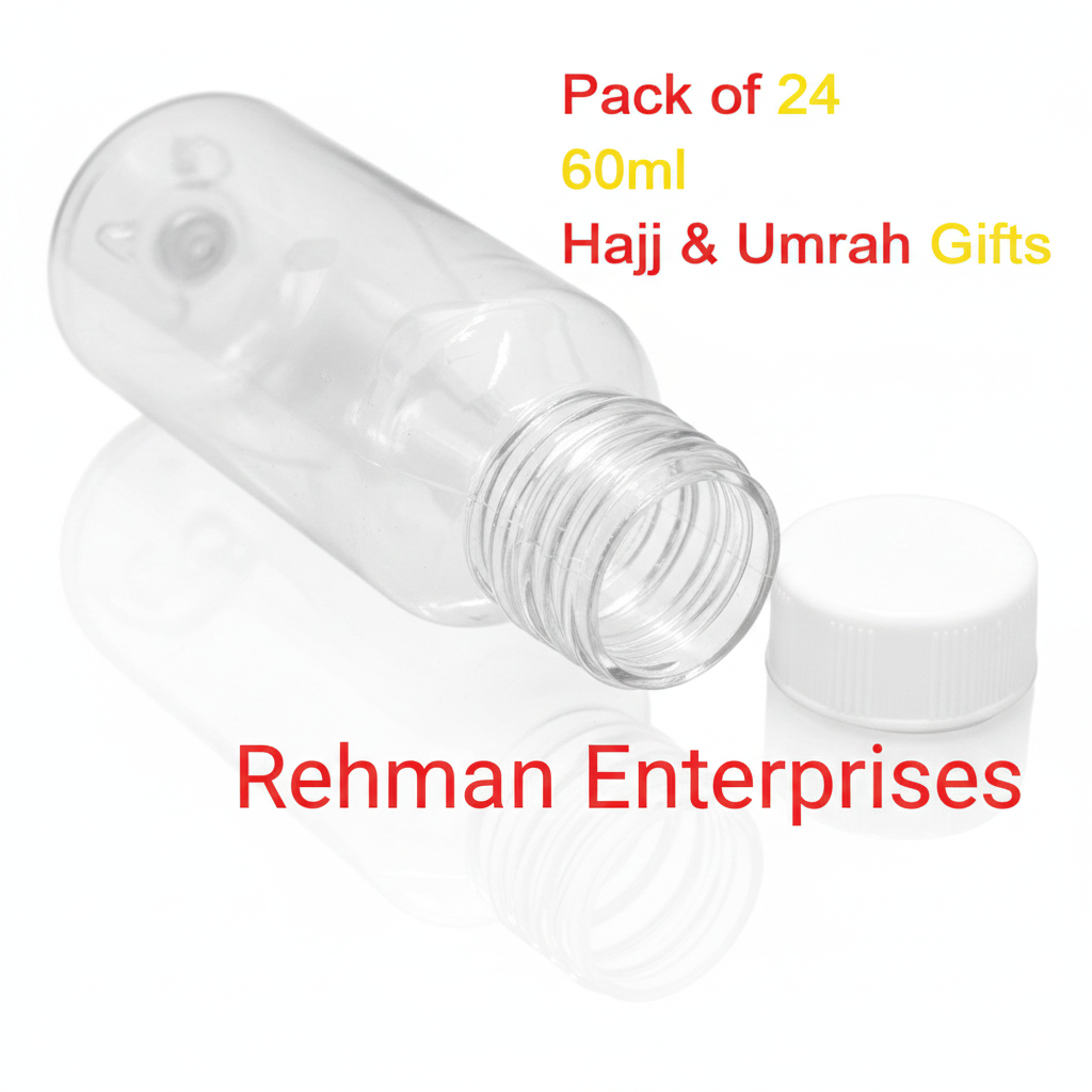 60ml Empty Zam Zam Plastic Bottle – Pack of 24 | Hajj & Umrah Gift Bottles with White Cap