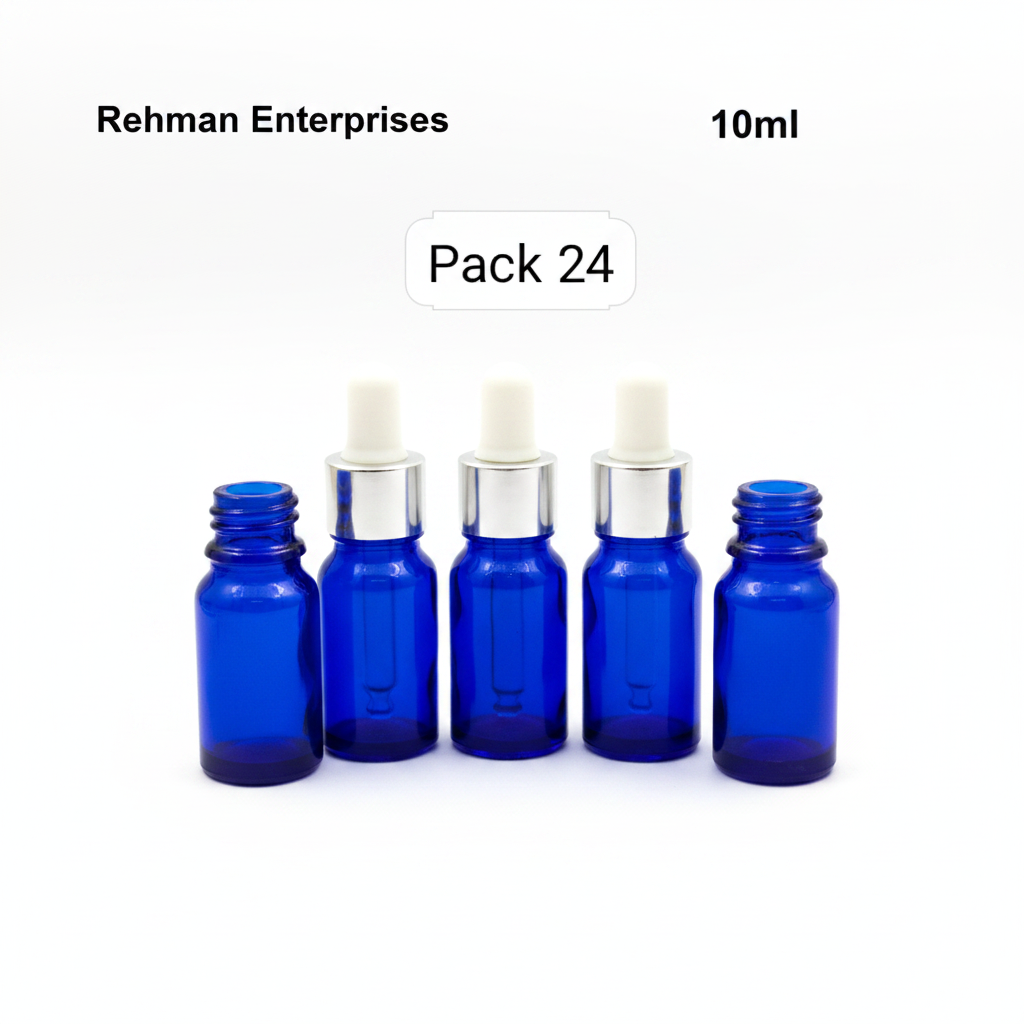 10ml Blue Glass Dropper Bottle – Pack of 24 | Empty Refillable Bottles for Essential Oil, Serum & Perfume