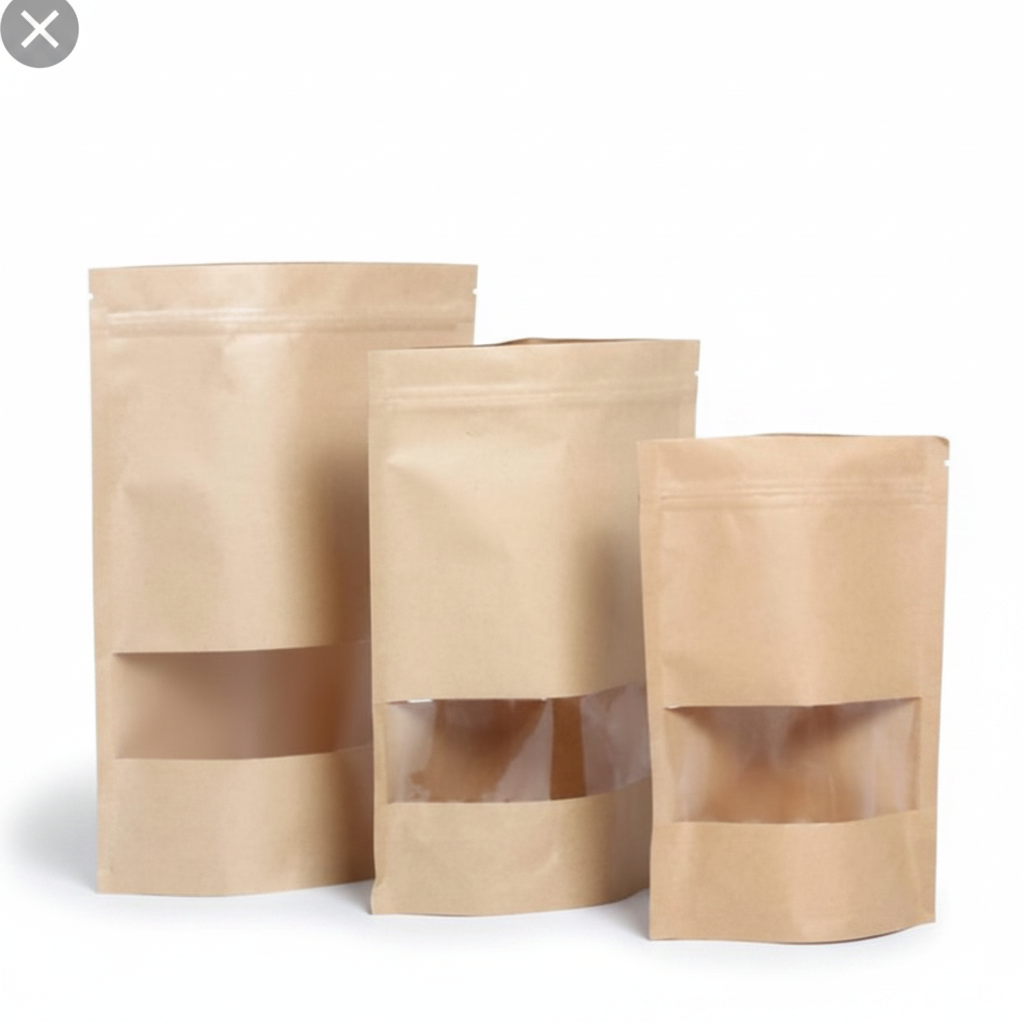 Brown Kraft Paper Zip Lock Stand Up Pouch with Window – Food Grade Packaging for Dry Foods, Snacks & Spices