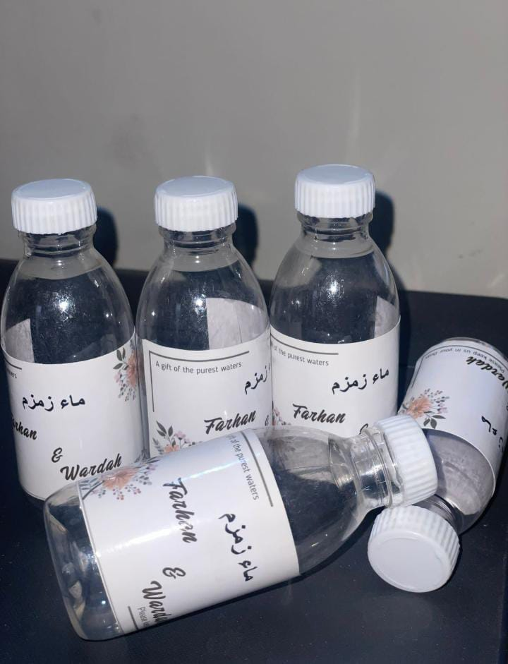 Aab-e-Zam Zam Empty Water Bottles 120ml with Custom Stickers & Zip Lock Bags – Pack of 25