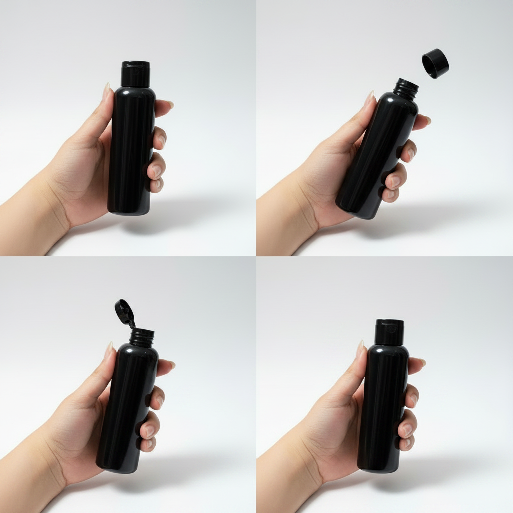 120ml Black Plastic Flip Cap Bottle – Pack of 24 | Empty Refillable Bottles for Face Wash, Hair Oil, Shampoo & Cosmetics