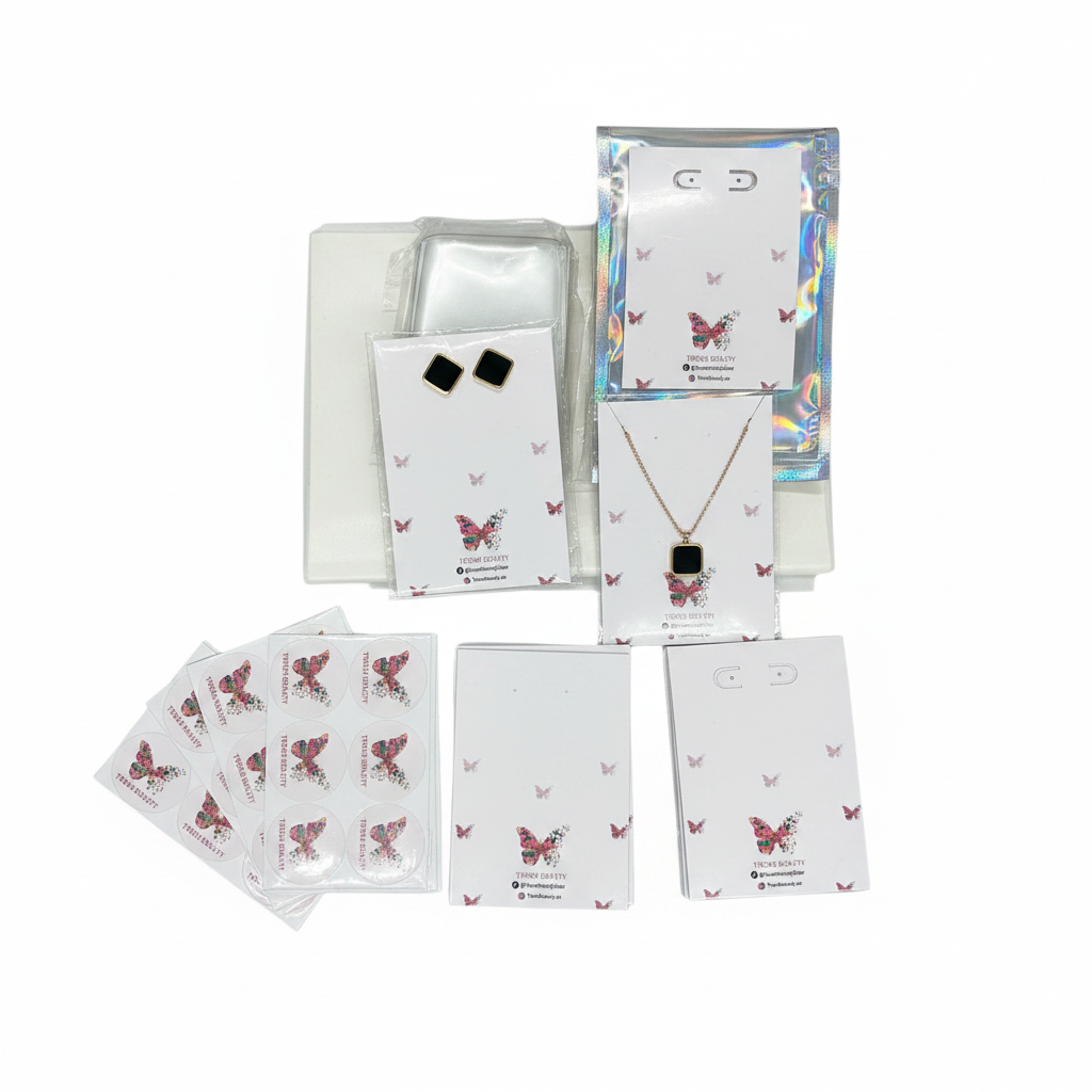 Custom Jewelry Branding Bundle – 50 pcs | Jewelry Cards + Thank You Cards + Stickers + Sealer Stickers | Fully Custom by Rehman Enterprises