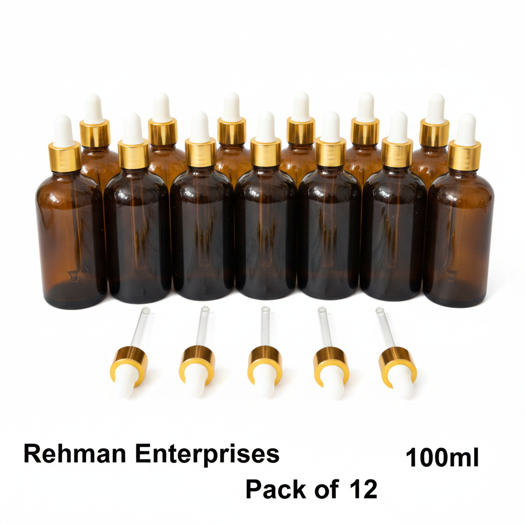 100ml Amber Glass Dropper Bottle – Pack of 12 | Empty Refillable Bottles for Essential Oil, Serum & Cosmetics
