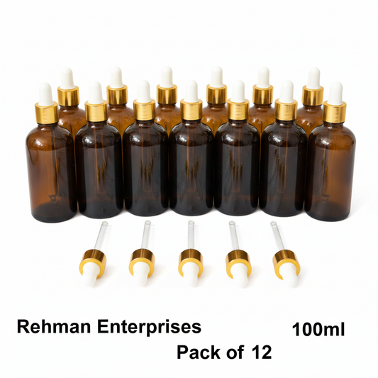 100ml Amber Glass Dropper Bottle – Pack of 12 | Empty Refillable Bottles for Essential Oil, Serum & Cosmetics